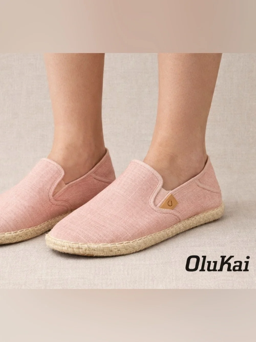 OluKai Kaula Pa’a Kapa Slip-On Espadrille Flats Pink Linen Womens 9.5